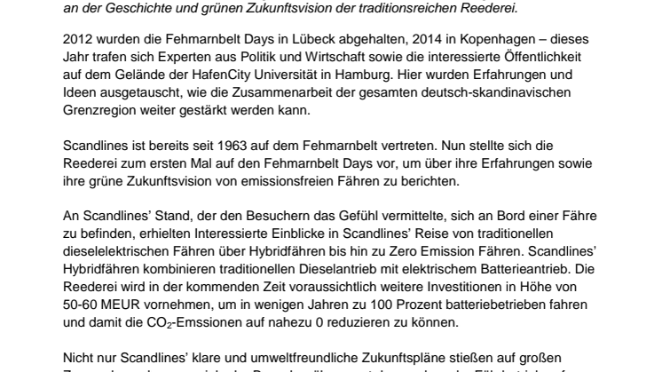 Fehmarnbelt Days 2016 in Hamburg: Positive Resonanz auf die Teilnahme von Scandlines