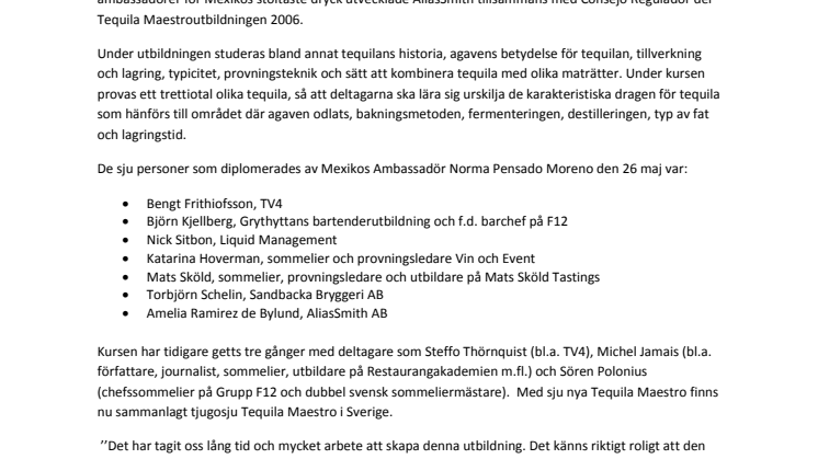 Mexikos Ambassadör diplomerade sju nya Tequila Maestros 