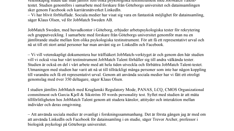 JobMatch tar till nya grepp i rekryteringsbranschen –  Använder LinkedIn och Facebook i unik arbetspsykologisk studie  