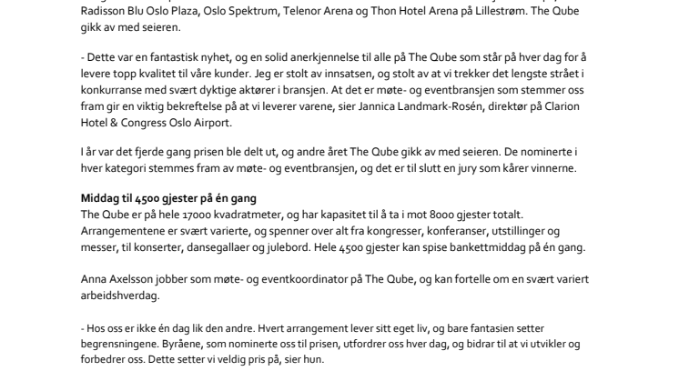 THE QUBE KÅRET TIL NORGES BESTE STORARENA