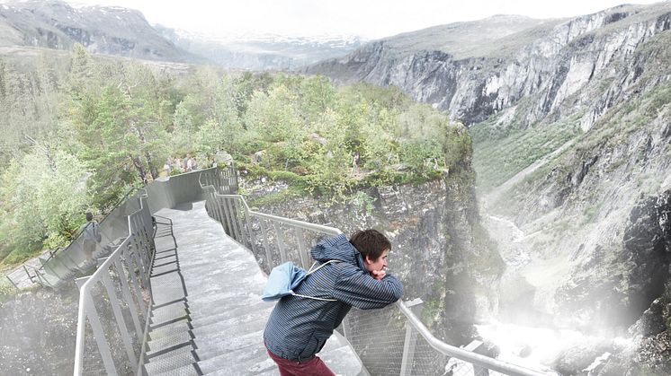 Skisse av trappebrua over Vøringsfossen. (Illustrasjon: Arkitektkontoret  Carl-Viggo Hølmebakk)
