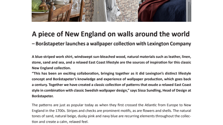 A piece of New England on walls around the world - Boråstapeter launches a wallpaper collection with Lexington Company
