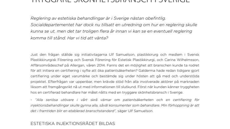 CERTIFIERING FÖR ESTETISKA INJEKTIONSBEHANDLINGAR GER EN TRYGGARE SKÖNHETSBRANSCH I SVERIGE