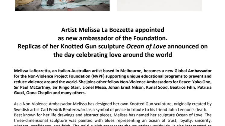 Replicas of Melissa La Bozzetta's Knotted Gun sculpture "Ocean of Love" announced on the day celebrating love around the world