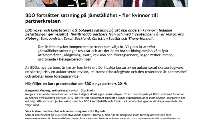 BDO fortsätter satsning på jämställdhet -¬ fler kvinnor till partnerkretsen