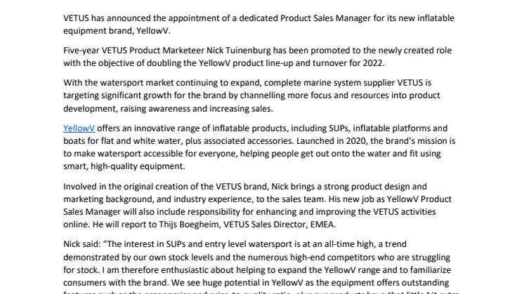 VETUS Targets Rapid Growth for YellowV with Product Sales Manager Appointment