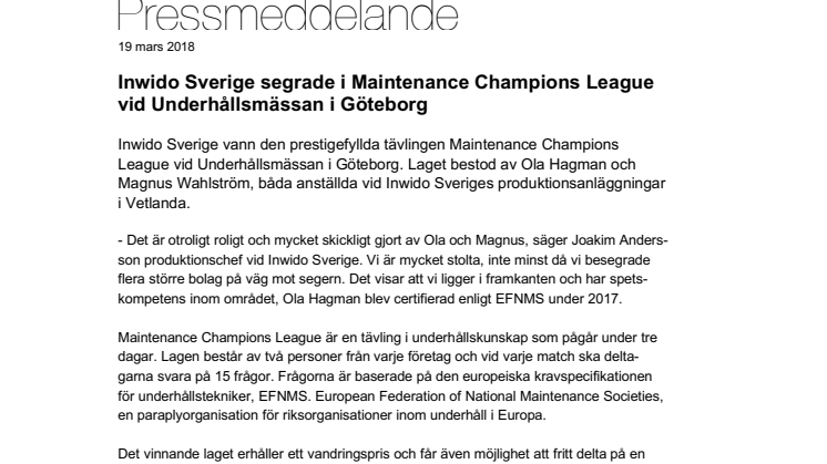 Inwido Sverige segrade i Maintenance Champions League vid Underhållsmässan i Göteborg