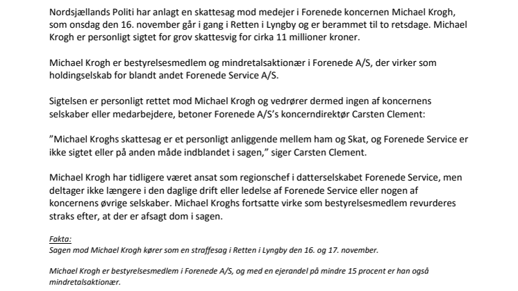 Forenede Service er ikke involveret i retssag mod aktionær 