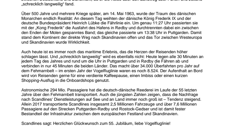Scandlines feiert 55-jähriges Jubiläum auf der Vogelfluglinie