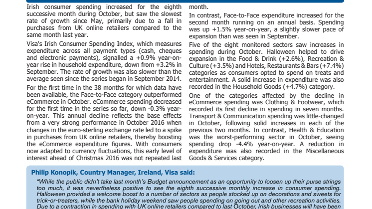Irish consumer spending growth slows to five-month low in October as shoppers adapt to sterling fluctuations 