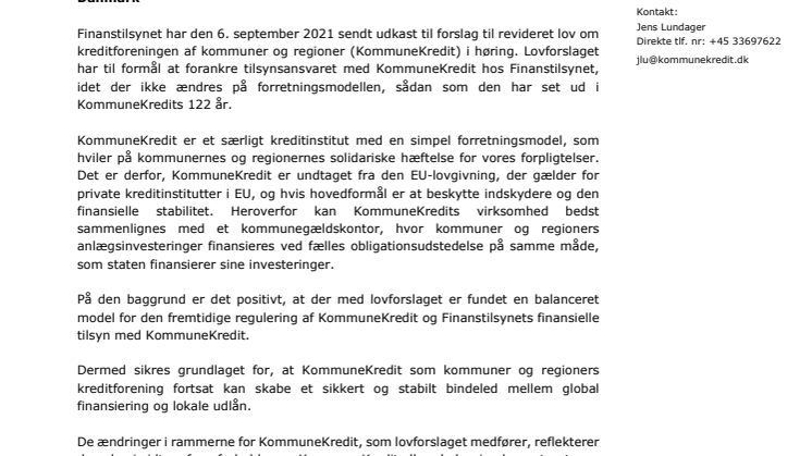 Høringssvar af 4. oktober 2021 til forslag til lov om kreditforeningen af kommuner og regioner i Danmark