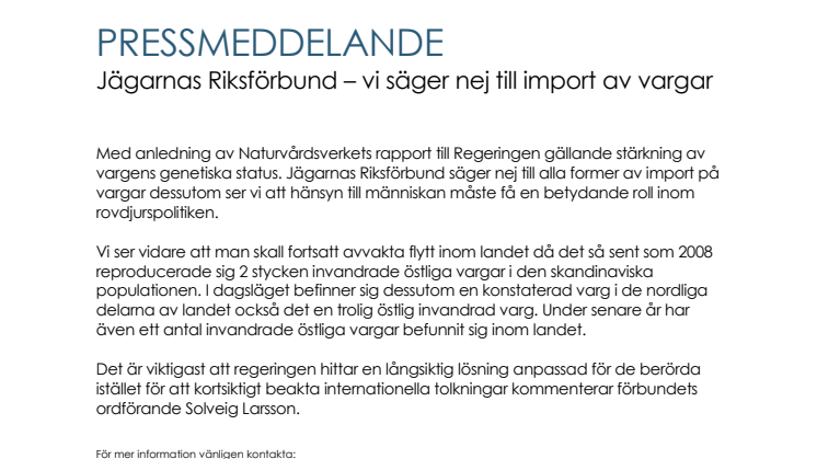 Jägarnas Riksförbund – vi säger nej till import av vargar