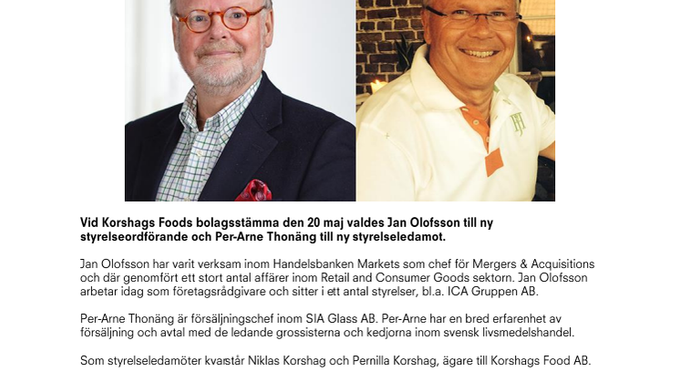 Nya ledamöter till Korshags Foods styrelse