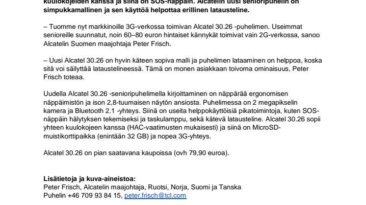 Alcatel tuo markkinoille uuden 3G-senioripuhelimen