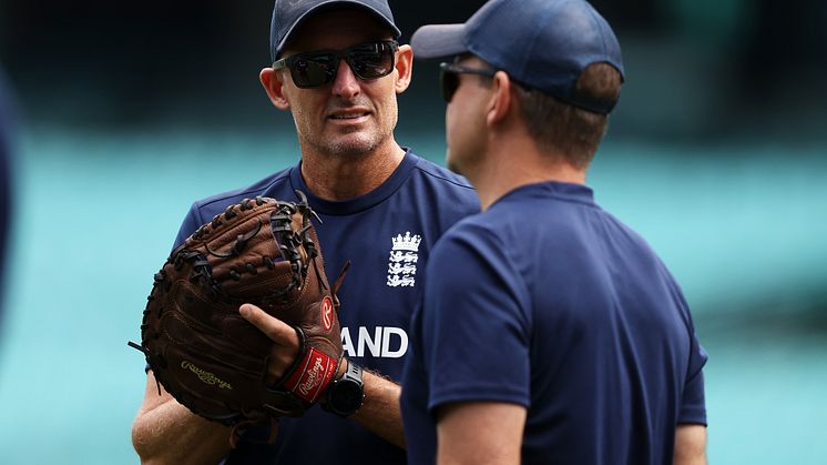 Hussey pictured with England Men White-Ball Head Coach Matthew Mott. Photo: Getty Images