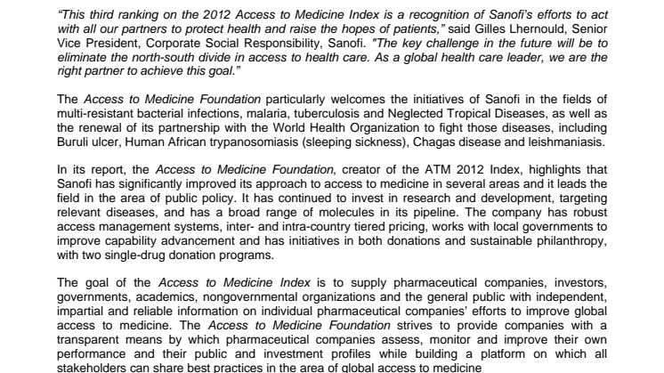 Sanofi Ranks Third on the Access to Medicine Foundation’s 2012 ATM Index