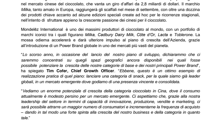 Mondelēz International dà un morso al gustoso mercato del cioccolato cinese  