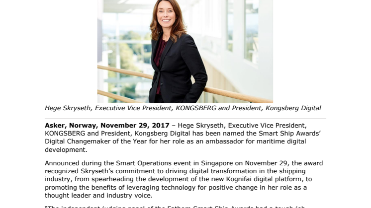 Kongsberg Digital President Hege Skryseth Wins ‘Digital Changemaker’ Award 