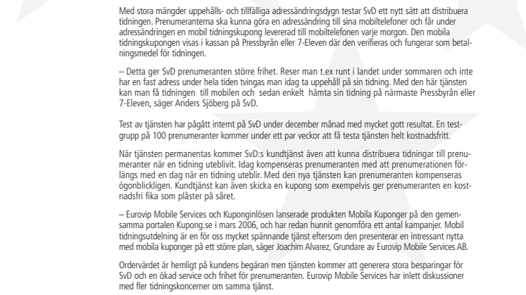 Eurovip Mobile Services skriver avtal med SvD som möjliggör tidningsutdelning via mobiltelefonen