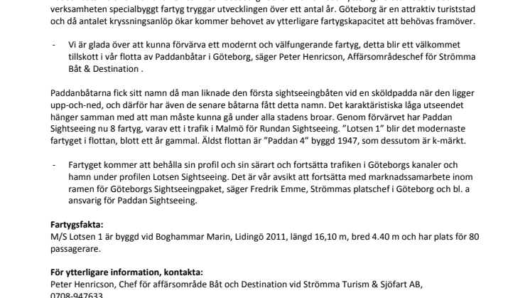Strömma Turism & Sjöfart med Paddan Sightseeing, förvärvar ytterligare en sightseeingbåt för Göteborg