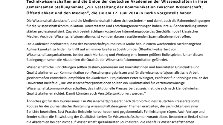 Wissenschaftsakademien sprechen sich für Qualitätskriterien in der Wissenschaftskommunikation aus