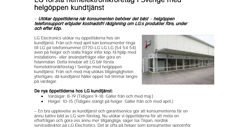 LG första hemelektronikföretag i Sverige med helgöppen kundtjänst