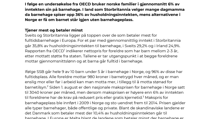 Nordmenn blant de som betaler minst for barnehage i Europa