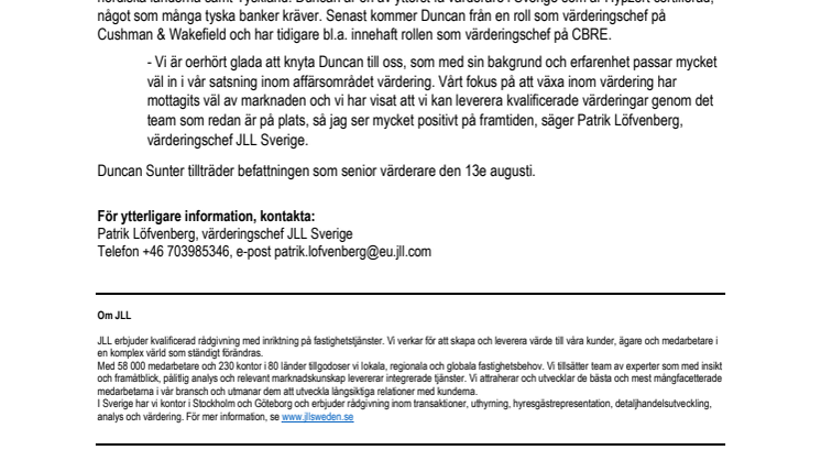 Duncan Sunter ny senior värderare på JLL