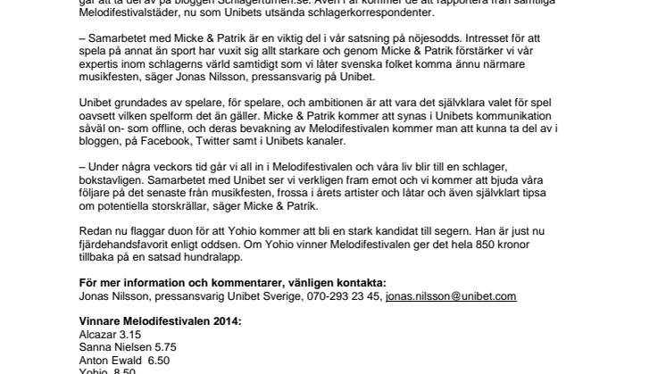 Unibet knyter till sig schlagerkorrar 