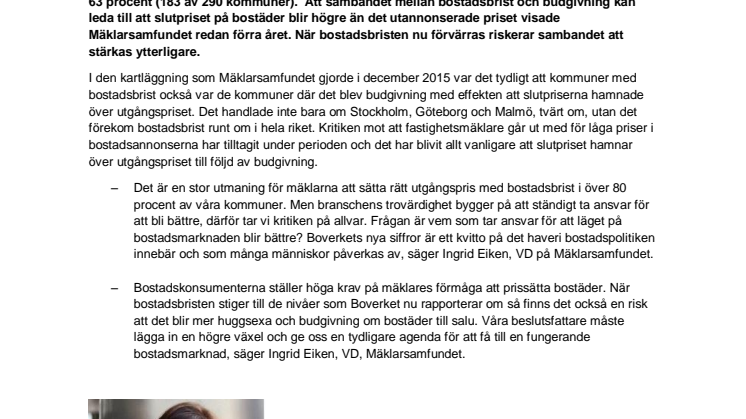 Mäklarsamfundet kommenterar Boverkets nya siffror: Risk för ökad budgivning som följd av att antalet kommuner med bostadsbrist ökat dramatiskt från 63 till 83 procent