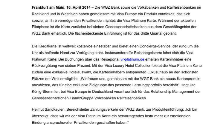 WGZ Bank gibt Visa Platinum Karte aus