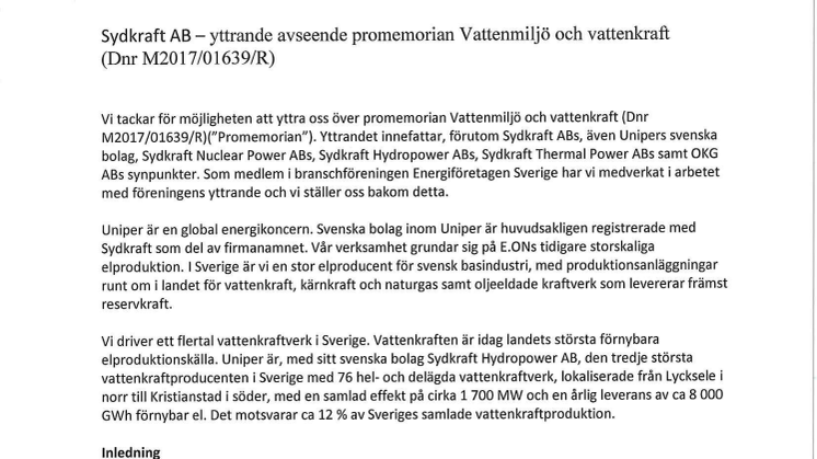 Remissvar Promemoria vattenmiljö och vattenkraft