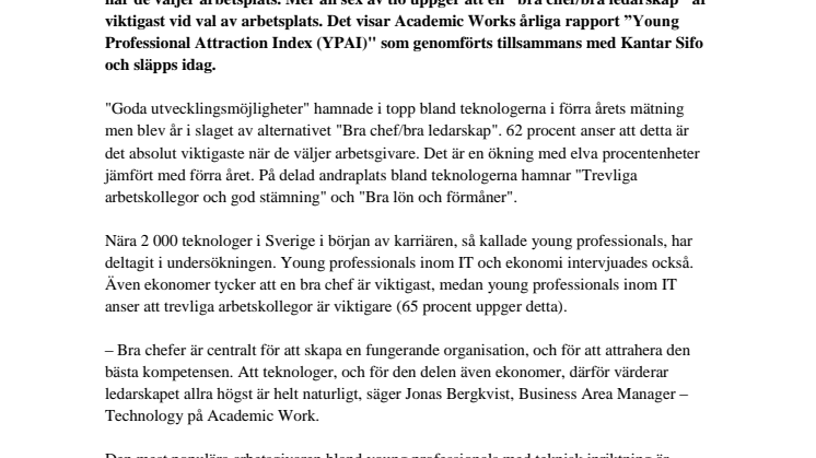 En bra chef är viktigast när young professionals inom teknik väljer arbetsplats