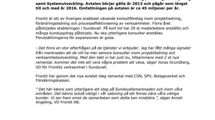 Frontit tecknar ramavtal med CSN och SPV  