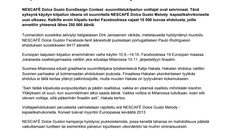 Tiedote NESCAFÉ Dolce Gusto EuroDesign -kilpailun tuloksista PDF-muodossa