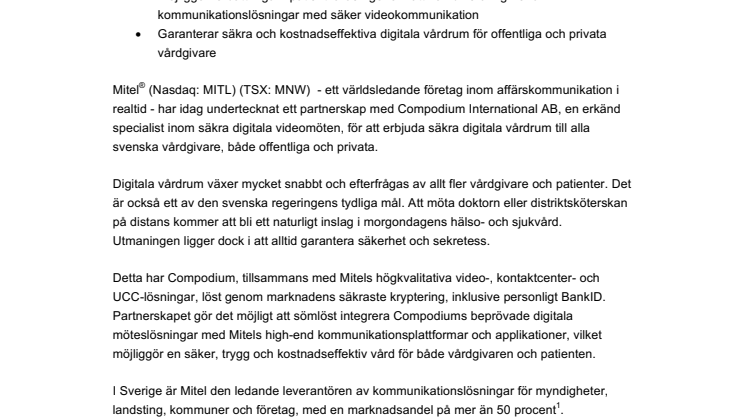 Mitel samarbetar med Compodium för att leverera säkra digitala vårdrum till svenska vårdgivare 