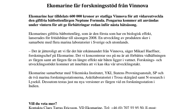Ekomarine får forskningsstöd från Vinnova