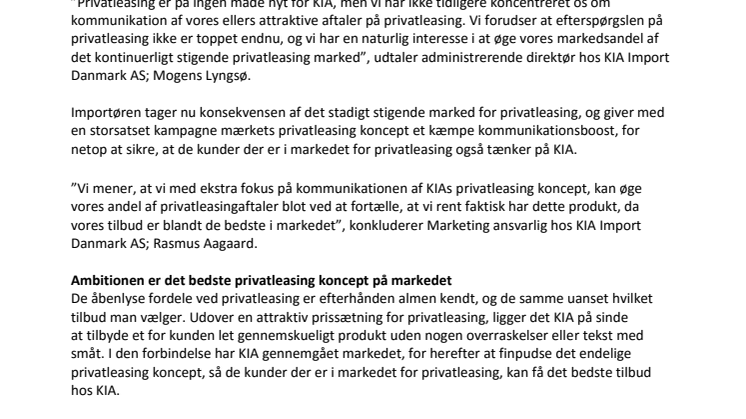KIA vil være kendt for privatleasing
