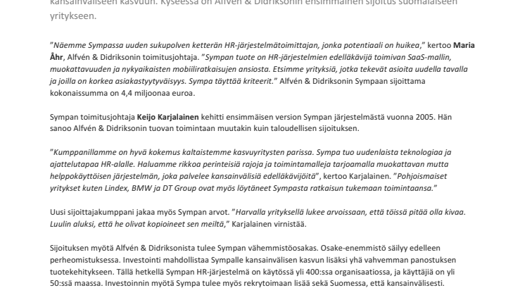 Alfvén & Didrikson vauhdittaa suomalaisen Sympan kasvua