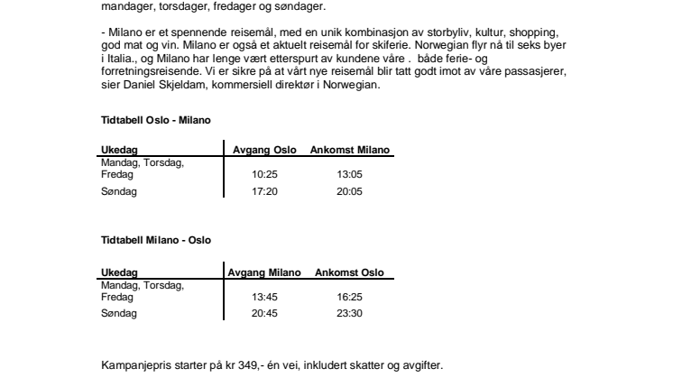 Norwegian åpner ny rute til Milano