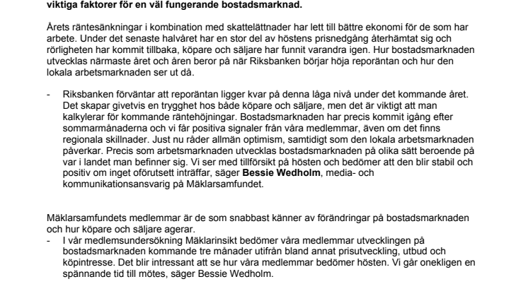 Kommentar till Riksbankens räntebeslut: Rörlighet och stabilitet präglar bostadsmarknaden 