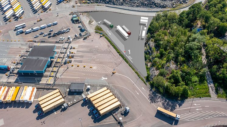 Visionsbild över den kommande vätgastankstationen i Göteborgs hamn. Montage: Nilsson Energy/Göteborgs Hamn AB.
