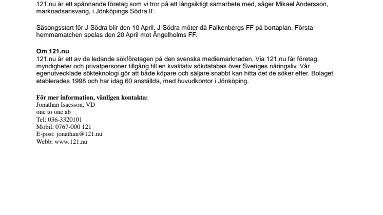 121.nu ny storsponsor till Jönköpings Södra IF