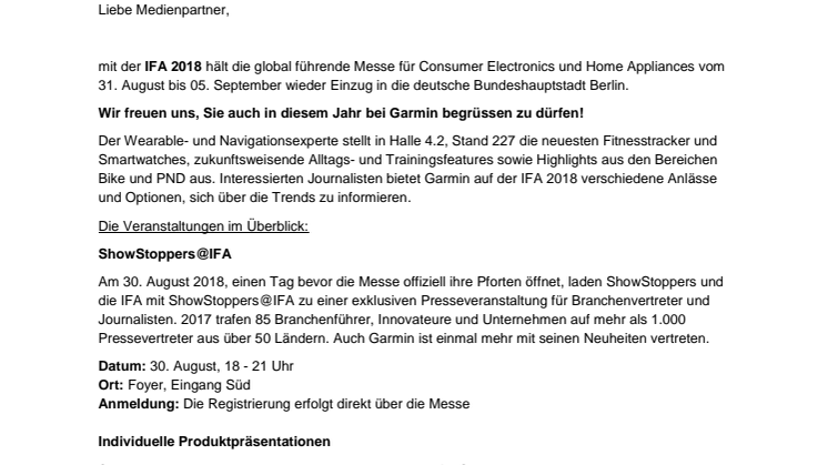 Einladung: Garmin auf der IFA 2018