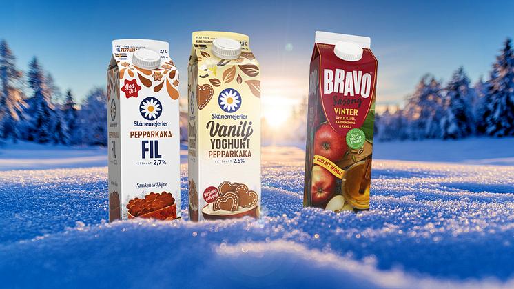 Årets julsortiment från Skånemejerier inkluderar Bravo Vinter, Skånemejerier Pepparkaksfil och Vaniljyoghurt Pepparkaka – produkter inspirerade av julens traditionella smaker.