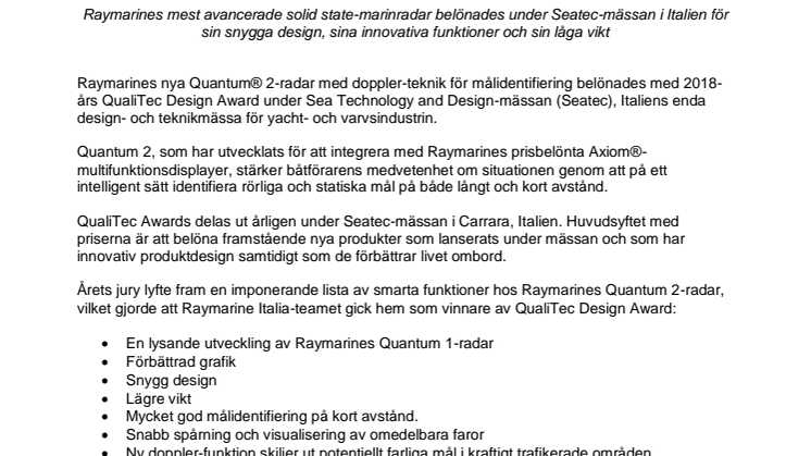Raymarine: Quantum® 2 har presenterats som vinnaren av 2018-års QualiTec Design Award 