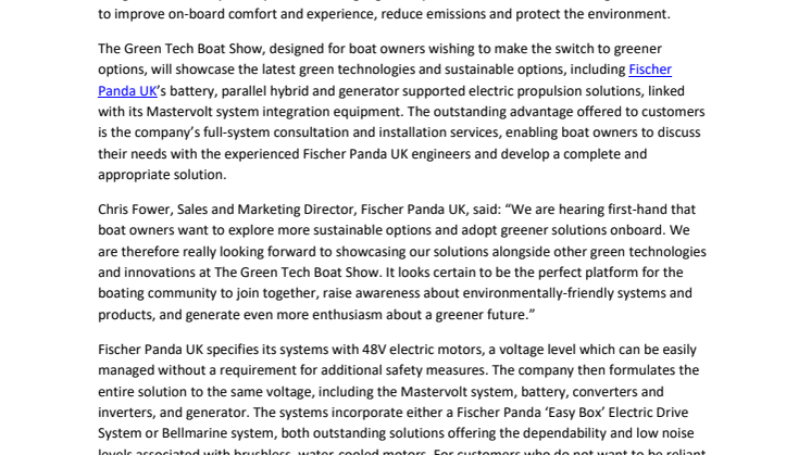 Fischer Panda UK to Showcase Power of Electric at First Green Tech Boat Show