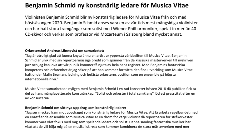 Benjamin Schmid ny konstnärlig ledare för Musica Vitae