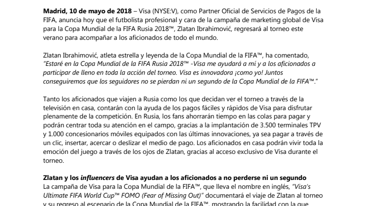 Zlatan Ibrahimović regresa a la Copa Mundial de la FIFA Rusia 2018™ de la mano de Visa
