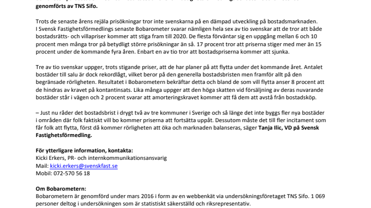 Svenskarna i ny Sifo-undersökning:  Bopriser stiger med över 10 procent fram till 2020 